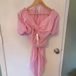 Anthropologie off the shoulder cropped blouse size small cotton pink tie-back